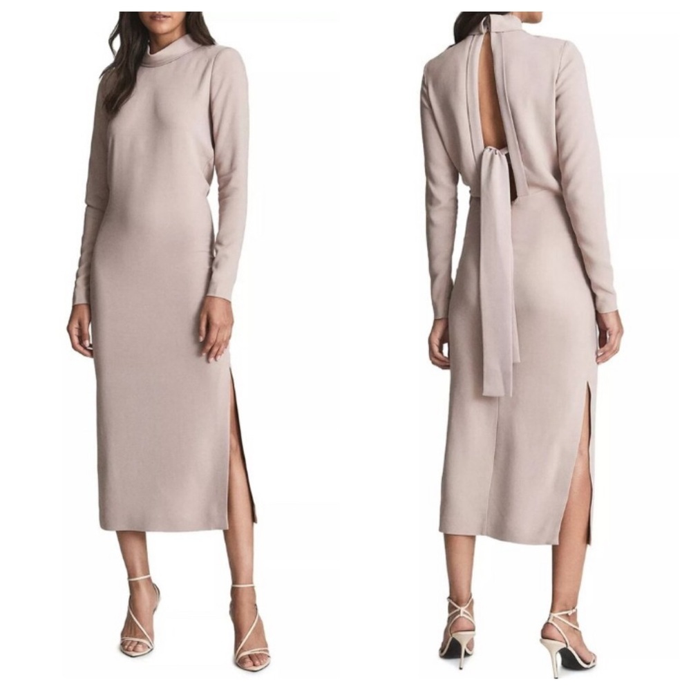 NWOT Reiss Blush Taupe High-Neck Midi Dress with Back Tie